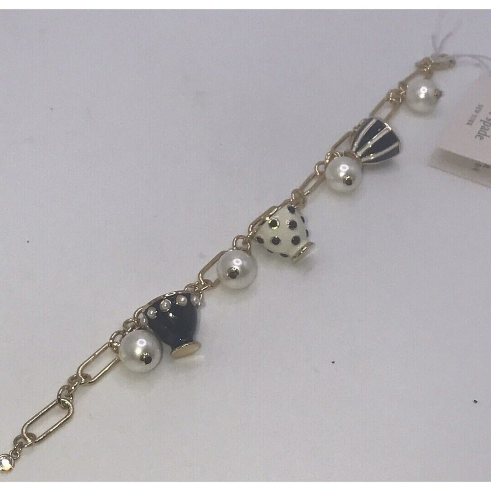 Kate Spade X Disney Alice in Wonderland Teacup Charm Bracelet Gold Pearls Enamel